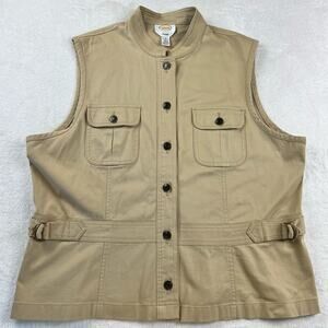 Talbots Women's Safari Vest size XL Stretch Khaki Sleeveless Utility pockets